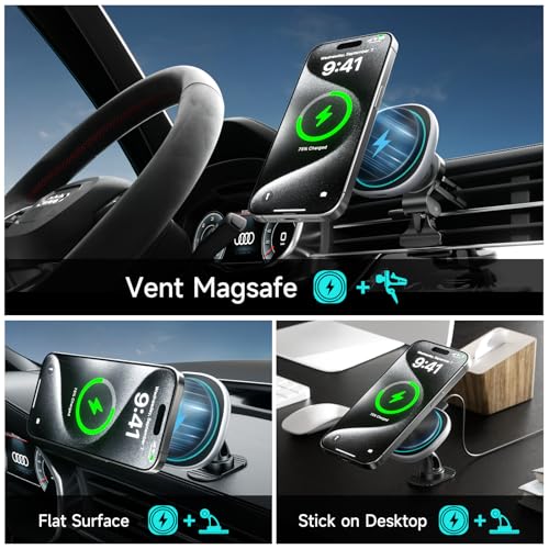 Likzest 15W MagSafe Car Mount Charger, Magnetic Wireless Car Charger Phone Holder for iPhone 17 Pro Max/17/16/15/14/13/12, Fast Charging Air Vent & Dashboard Mount, for Galaxy S25, Pixel with MagSafe