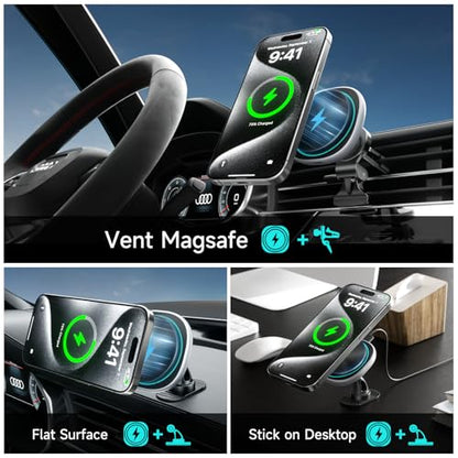 Likzest 15W MagSafe Car Mount Charger, Magnetic Wireless Car Charger Phone Holder for iPhone 17 Pro Max/17/16/15/14/13/12, Fast Charging Air Vent & Dashboard Mount, for Galaxy S25, Pixel with MagSafe