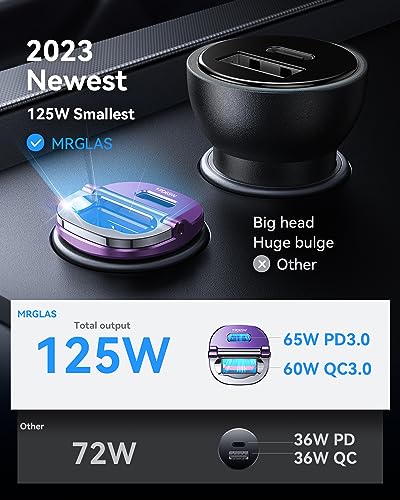 【Upgraded】 125W USB C Car Charger Super Fast Charging for iPhone 16, [PD65W & QC60W][All Metal] MRGLAS Cigarette Lighter Car Charger,Dual Port for iPhone 16 15 Pro iPad Samsung S25/S24 MacBook-Purple - color: Purple
