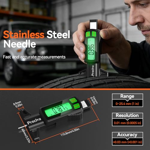 Preciva Rechargeable Tire Tread Depth Gauge, Touch Screen Digital Tire Depth Gauge with Lighting, in/MM/F Conversion, IP54 Waterproof, Auto Power Off, for Tread Depth, Brake Shoe and Pad Wear