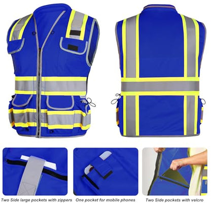 HYCOPROT Reflective Safety Vest Class 2 High Visibility Heavy Duty Construction Vest with Padded Neck,Meet ANSI/ISEA Standard - color: Blue, size: Large