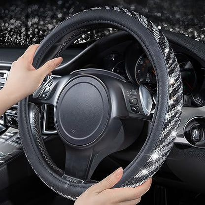 CAR PASS Bling Diamond Leather Steering Wheel Cover, with Bling Sparkly Crystal Glitter Rhinestone Universal Fit 14" 1/2-15" Car Wheel Protector Fit for Women Girl SUV,Vans,Sedans,Trucks, Zebra Print - color: Zebra Print Diamond