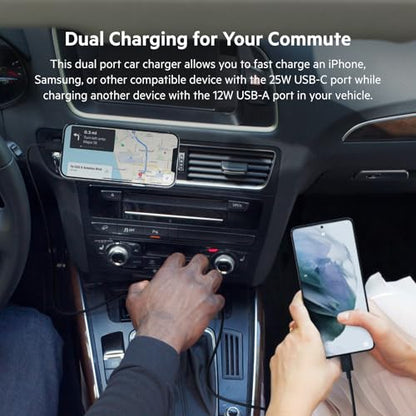 Belkin 37-Watt Dual USB Car Charger - Power Delivery 25W USB-C Port & 12W USB-A Port for PPS Charging Apple iPhone, Samsung Galaxy, AirPods, & More - style: Dual USB-A & C 37W