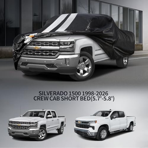 Silverado 1500 Truck Cover Custom Fit 1998-2026 Crew Cab Short Bed(5.7'-5.8') with Door Zipper, 10 Layers Outdoor Heavy Pickup Truck Cover Waterproof All Weather, Wind Dust Sun Protector. - size: Silverado 1500 1998-2026 Crew Cab+Towel+Bag