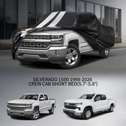 Silverado 1500 Truck Cover Custom Fit 1998-2026 Crew Cab Short Bed(5.7'-5.8') with Door Zipper, 10 Layers Outdoor Heavy Pickup Truck Cover Waterproof All Weather, Wind Dust Sun Protector. - size: Silverado 1500 1998-2026 Crew Cab+Towel+Bag