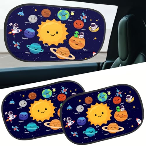 GENANY 2pcs Space Planet Window Sun Shade for Sedan SUV Truck (21x14 Inches), Galaxy Sun Shades for Side Window, Astronaut Baby Window Shades, Spring Car Decor - color: Space Planet