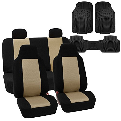 FH Group FH-FB102114 Full Set Classic Cloth Car Seat Covers Beige/Black with F11306 Vinyl Floor Mats - Fit Most Car, Truck, SUV, or Van - color: Beige, size: Seat Cover & Floor Mat