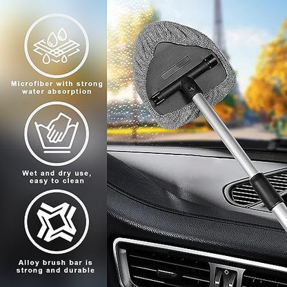 Ziciner Car Windshield Cleaner, Microfiber Auto Cleaning Wiper with Aluminum Extendable Handle and 2 Washable Reusable Cloth Pad Head, Universal Vehicle Interior Exterior Cleaner Kit (Gray-Triangle) - size: Gray-Triangle