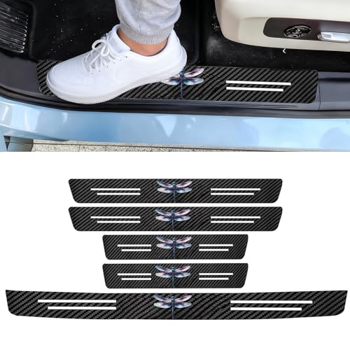 Dragonfly 5PCS Car Door Sill Protector,Carbon Fiber Leather Door Sill Sticker,Decor Doors Sill Scuff Plate Sticker for All Car Models,Dragonflys Gifts for Women Men,Dragonfly Car Accessories Decor - color: Dragonfly