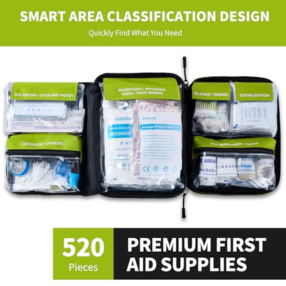 520 Pieces Premium First Aid Kit - Large Emergency Medical Kit for Survival, Car, Home, Travel, Camping, Backpack, Hiking, School (Green) - color: Green