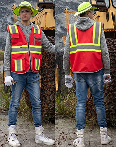 zojo High Visibility Safety Vest, 5PCS,Reflective with Multi-Functional Pockets and Zipper,for Men Women work(Red-Strip) - color: Red-strip