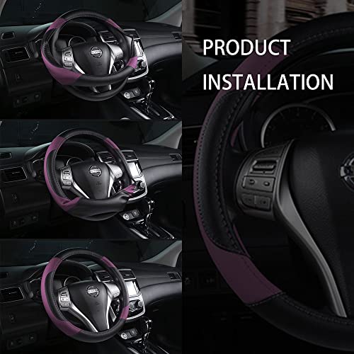 Leather Car Steering Wheel Cover, Non-Slip Car Wheel Cover Protector Breathable Microfiber Leather Universal Fit for Most Cars (Purple-2) - color: Purple-2