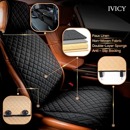 IVICY Faux Linen Front Car Seat Cover – Durable, Non-Slip Seat Protector for Cars – 1 Unit, Black - color: BLACK HYB LN