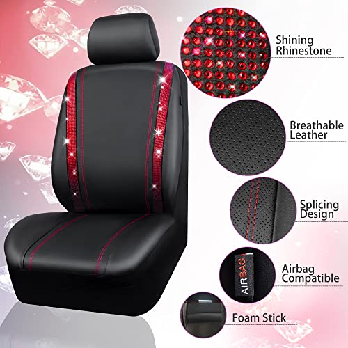 CAR Pass Bling Car Seat Covers Full Set, Shining Rhinestone Diamond Waterproof Faux Leather, Rear with Zipper, Universal Fit Automotive Glitter Crystal Sparkle Strips for Women Girl, Black Red - color: Red Diamond, size: Full Set