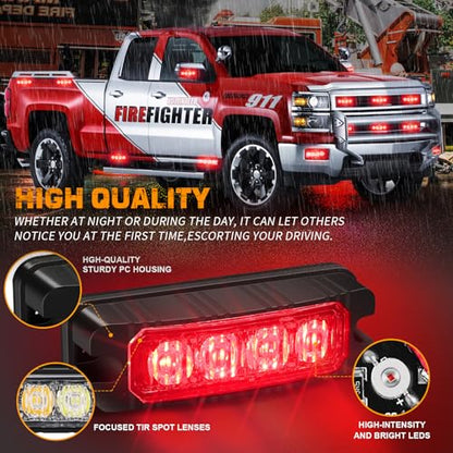 XRIDONSEN 8PCS Sync Red Grill Emergency Lights 32 LED Grille Surface Mount Firefighter Police Lights Strobe Flashing Warning Safety Hazard First Responder Light for Vehicles Firefighters Trucks Car - color: Red