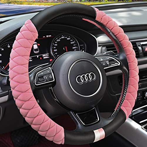 HAOKAY Luxury Fluffy Steering Wheel Cover for Women Girls,Soft Warm Short Plush Steering Wheel Cover Pink Fuzzy with Universal 14.5-15 Inch - color: PINK-222