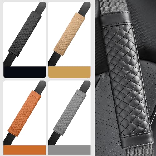 2PCS Car Seat Belt Cover Pad,Soft Leather Seatbelt Covers Breathable Seatbelt Cushion with Plaid Design,All Seasons Universal Car Interior Accessories Seat Belt Cover for Kids & Adults (Black) - color: Black