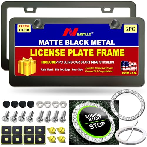 Matte Black License Plate Frames, Aluminum Metal Heavy Duty Car Tag Cover, 2 Pack 2 Hole Slim Number Holder with Screws & Caps for Men & Women - color: Black