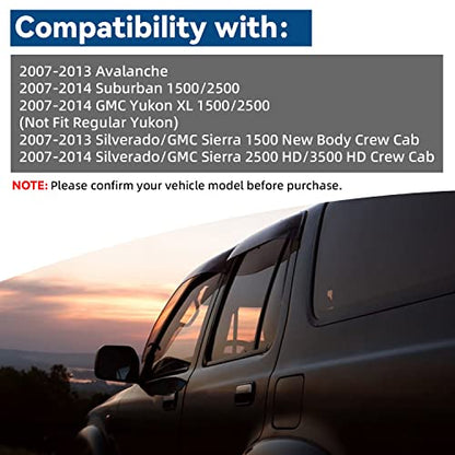 Set of 4 Front+Rear Smoke Sun/Rain Guard Outside Mount Tape-On Acrylic Window Visors Compatible with 07-14 Avalanche Suburban Yukon XL Silverado Sierra 1500 2500 3500 HD Crew Cab - size: for 2007-2014 Chevy & GMC