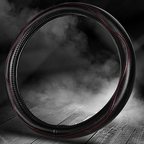 HAOKAY Top Grade Black Genuine Leather Steering Wheel Cover Women Men, Luxury Steering Wheel Cover for Cars, SUVS and Trucks, Universal 14.5-15 inch - color: BLACK/RED