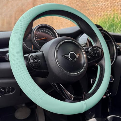 PINCTROT Large Size Nappa Leather Steering Wheel Cover, Slim Fit No Bulk Design, One Piece Leather with Breathable Perforation, Fit Like Gloves, 15.5-15.75 Inch(Nappa Mint) - color: 09.Mint, size: Large Size[15 1/2''-15 3/4'']