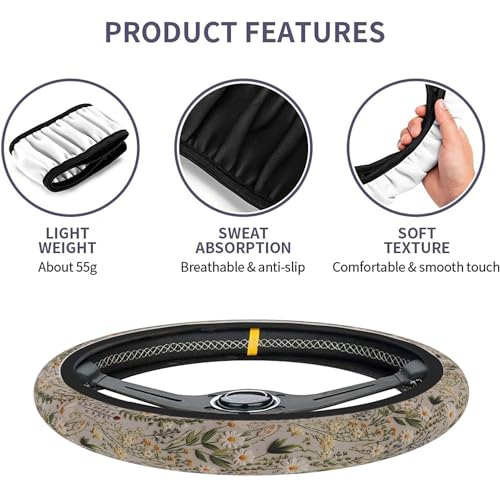 Steering Wheel Cover, Retro Wildflowers Flowers Steering Wheel Cover for Women Men Universal 15 Inch Steering Wheel Protector Fit Auto SUV Sedan Vans Trucks - color: White Flowers