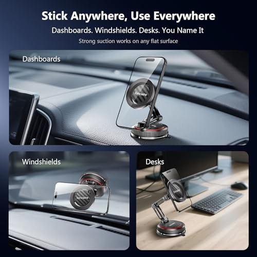SYNCWIRE for MagSafe Car Mount [3-Axis] Nano Adhesive Gel + Strong Suction Cup Magnetic Phone Holder for Dashboard & Windshield, 360° Adjustable for iPhone 17 16 15 14 13 12, Samsung, Carbon Fiber - style: 3-Axis | Carbon Fiber