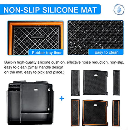 Autorder Center Console Organizer for 2022-2026 Kia Carnival KA4 MPV Accessories Armrest Storage Box Secondary Insert Tray with Orange/Black Silicone Pad - size: 2022-2026 Kia Carnival KA4 MPV