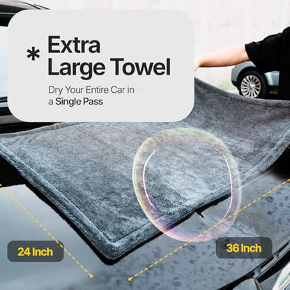 Crystal Clean 1300GSM Car Drying Towel - XL (24x36) Microfiber Towels for Cars with Double Twisted Loop, Professional Detailing Towel for Car Detailers - Quick Dry, Paint Safe & Swirl-Free - color: Dark Grey