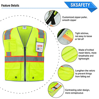 SKSAFETY 10 Pockets Safety Vest, Class 2 High Visibility Security with Zipper Double-sided mesh, Hi Vis Vest with Reflective Strips, ANSI/ISEA Standard, Construction Work Vest （Lime, 3XL） - color: Yellow Mesh, size: 3X-Large
