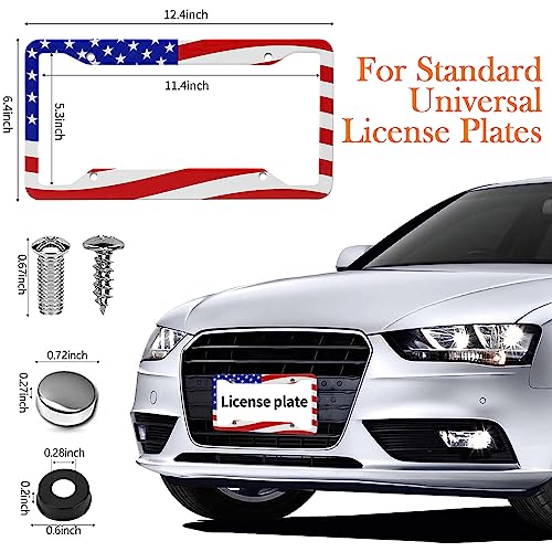 American Flag License Plate Frame Holder - 2 Pack Universal Aluminum US Flag Patriotic Car License Plate Frame with Screws Fasteners Caps, 4 Metal Car Valve Caps - color: American flag