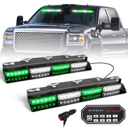 HLauto 604N Emergency Dash Strobe Lights: 2x16.8 inch Green White Security Light with/Take Down, 48 LED Safety Flashing Warning Hazard Interior Windshield Light Bar for Trucks Vehicles - color: #05 Green White
