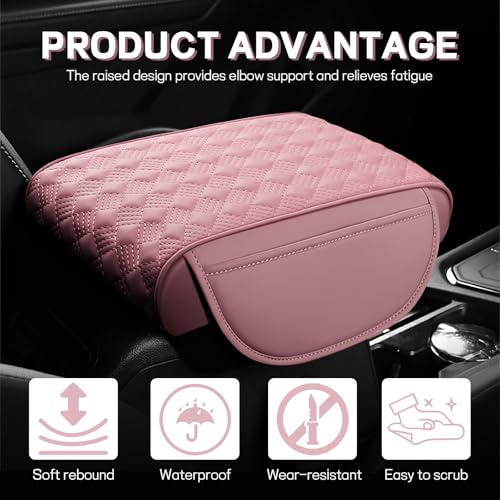 Car Armrest Cushion, 12.2"×8.3" Leather Auto Memory Foam Center Console Pad with Storage Pocket, Waterproof & Anti-Scratch Elbow Pillow Armrest Seat Box Protector, Universal Fit (Pink) - color: Pink