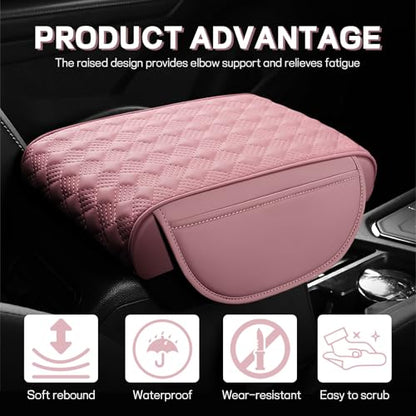 Car Armrest Cushion, 12.2"×8.3" Leather Auto Memory Foam Center Console Pad with Storage Pocket, Waterproof & Anti-Scratch Elbow Pillow Armrest Seat Box Protector, Universal Fit (Pink) - color: Pink