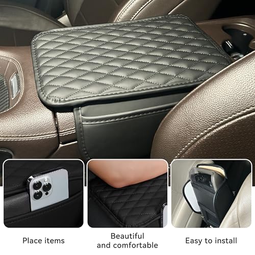 Upgraded Car Middle Center Console Cover with 2 Storage, Universal Microfiber Leather Car Armrest Cover Cushion Universal Vehicle Middle Console Cover, Most Vehicle, SUV, Truck. (Black) - color: Black