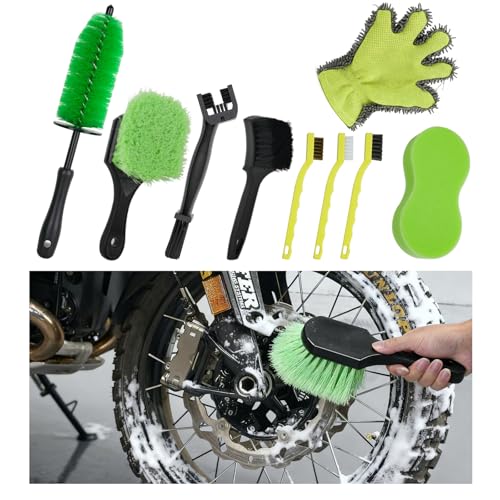 9 Pack Motorcycle Cleaning Kit, Motorcycle Detailing Kit with Chain/Wheel/Rim/Tire Brush, Sponge, Wash Mitt, Detailing Brush, Professional Cleaning Tool for Motorcycle Bike