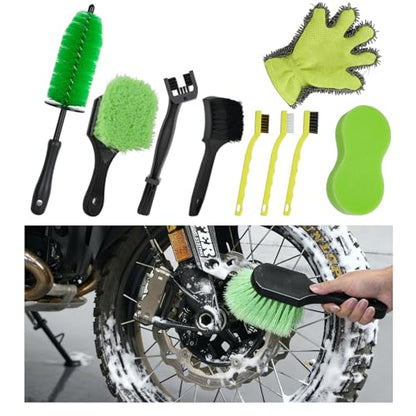 9 Pack Motorcycle Cleaning Kit, Motorcycle Detailing Kit with Chain/Wheel/Rim/Tire Brush, Sponge, Wash Mitt, Detailing Brush, Professional Cleaning Tool for Motorcycle Bike