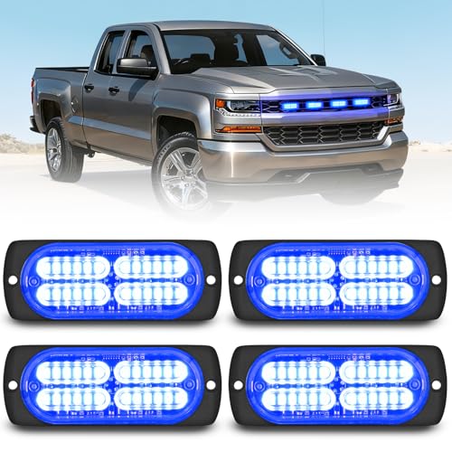 Nilight 4PCS 24LED Emergency Strobe lights 12V 24V Blue Surface Mount Grille Hazard Safety Warning Light Sync Feature Side Flashing Marker Flash for Car Truck Campers - color: Blue