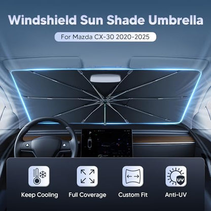 Autorder Windshield Sun Shade Umbrella for 2020-2025 Mazda CX-30 CX30 Accessories,Upgraded Ice Crystal Material,Easy Setup Umbrella Sunshade for Car Windshield,100% Sun Blocking - size: Mazda CX-30 2020-Present