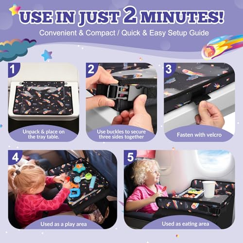 Airplane Tray Table Cover for Kids with Pockets, Foldable Tray Table Organizer for Toddler, Plane Travel Essentials Must-Haves for Train Buses High Chairs and Flying Supplies (Meteor Black)