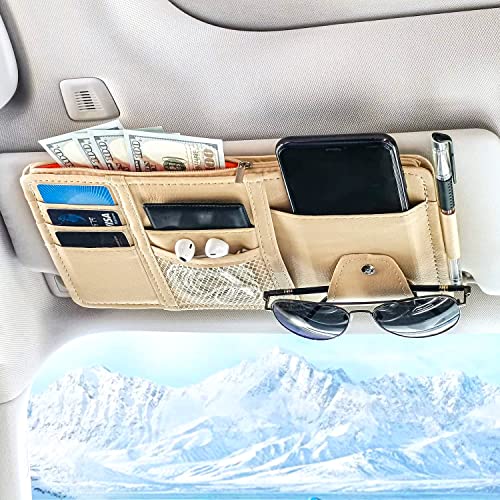 Keedolla Car Sun Visor Organizer Auto Interior Accessories Pocket Organizer, Sunglasses Holder Car Truck Visor Storage Pouch for Cards, Pens and Document - Beige - color: Beige