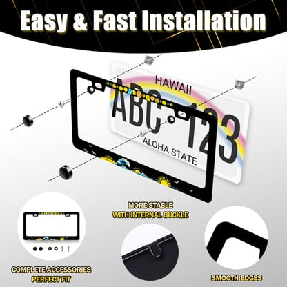 Sun Ocean Waves License Plate Frame Hawaii License Plate Holders Sea Wave Funny Stainless Steel Car Bracket 2 Holes with Screws Universal Auto Accessory License Plate Frames 6.2x12.2 Inch - color: Funny Sun and Ocean Wave