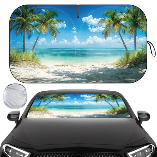Windshield Sun Shade, Car Sun Shade Windshield, Reflector Sunshade Offers Ultimate Protection for Car Interior, Reflective Polyester Blocks Heat for Cars,Trucks,SUVs (57 x 31.5 in) - color: Colorful - Coconut Tree, 57"x31.5"