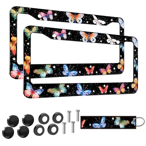 2pcs Colorful Butterfly License Plate Frame for Women,Inspirational Butterfly car Decorative tag Frames Girly,Colorful Butterflies License Plate Cover Holder for Vehicle with car Keychain tag - color: for Colorful Butterfly
