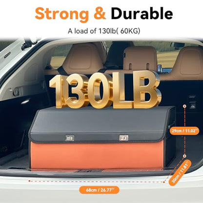 Noaman Leather Trunk Organizer for SUV - Large Car Trunk Storage Organizer with Lid and 2 Removable Dividers, Foldable Car Organizers and Storage Box for Sedan with 2 Metal Locking Clasps Black.