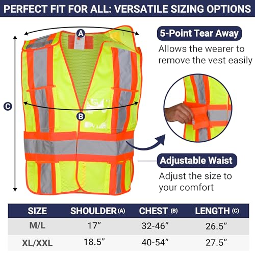High Visibility Safety Vest – ANSI Class 2 Breakaway Vest with 5 Pockets, Yellow with Adjustable Hook and Loop Closure, Breathable Mesh, Heavy Duty Work Wear for Men or Women, 3 Pack (Medium/Large) - size: Medium-Large