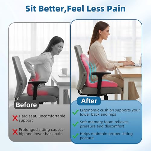 Office Chair Cushion with Back Support, Ergonomic Seat Cushion High Density Memory Foam with U-Shaped Raised Sides, Breathable Coccyx Relief for Better Posture, Office Chair, Car, Home (Pink) - color: Pink