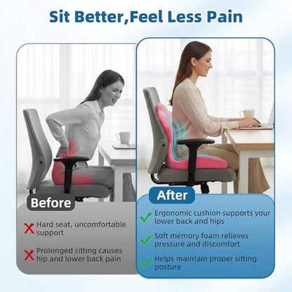 Office Chair Cushion with Back Support, Ergonomic Seat Cushion High Density Memory Foam with U-Shaped Raised Sides, Breathable Coccyx Relief for Better Posture, Office Chair, Car, Home (Pink) - color: Pink