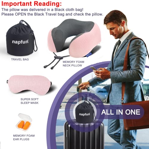 napfun Neck Pillow for Travel with Travel Pouch, Sleep Mask & Earplugs, Memory Foam Airplane Pillow for Headrest Sleep with Eyeshades, Plane Essentials with Eye Blindfold, Pink Striped Kit - color: Pink Striped Kit