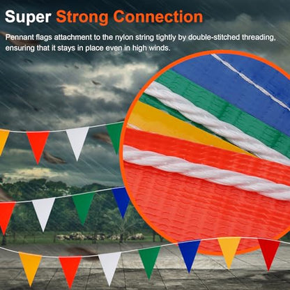 Multicolor Pennant Safety Flags, Perimeter Warning Flag Banner Line, For Flagging Construction/Traffic Barrier/Parking Lot/Rooftop/Backstroke/Party & Special Events 7" X 10" Pennants on 100' Rope - color: 100FT